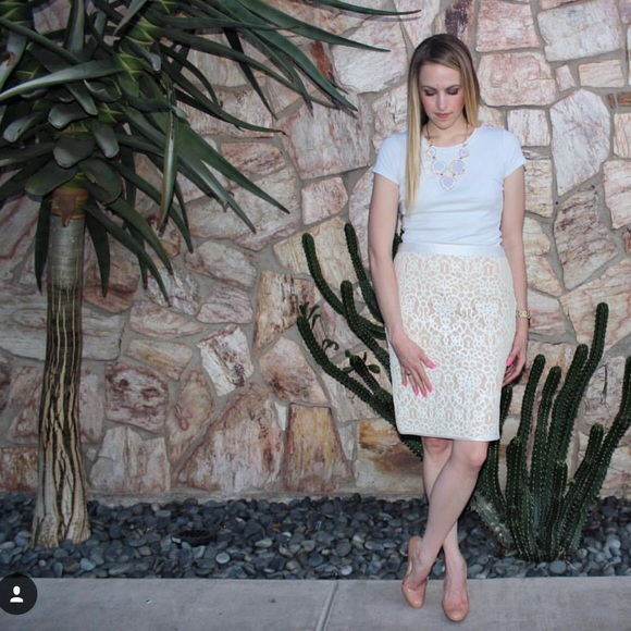 SALE-Kora Rae Tan Lace Pencil Skirt - Picture 1 of 5